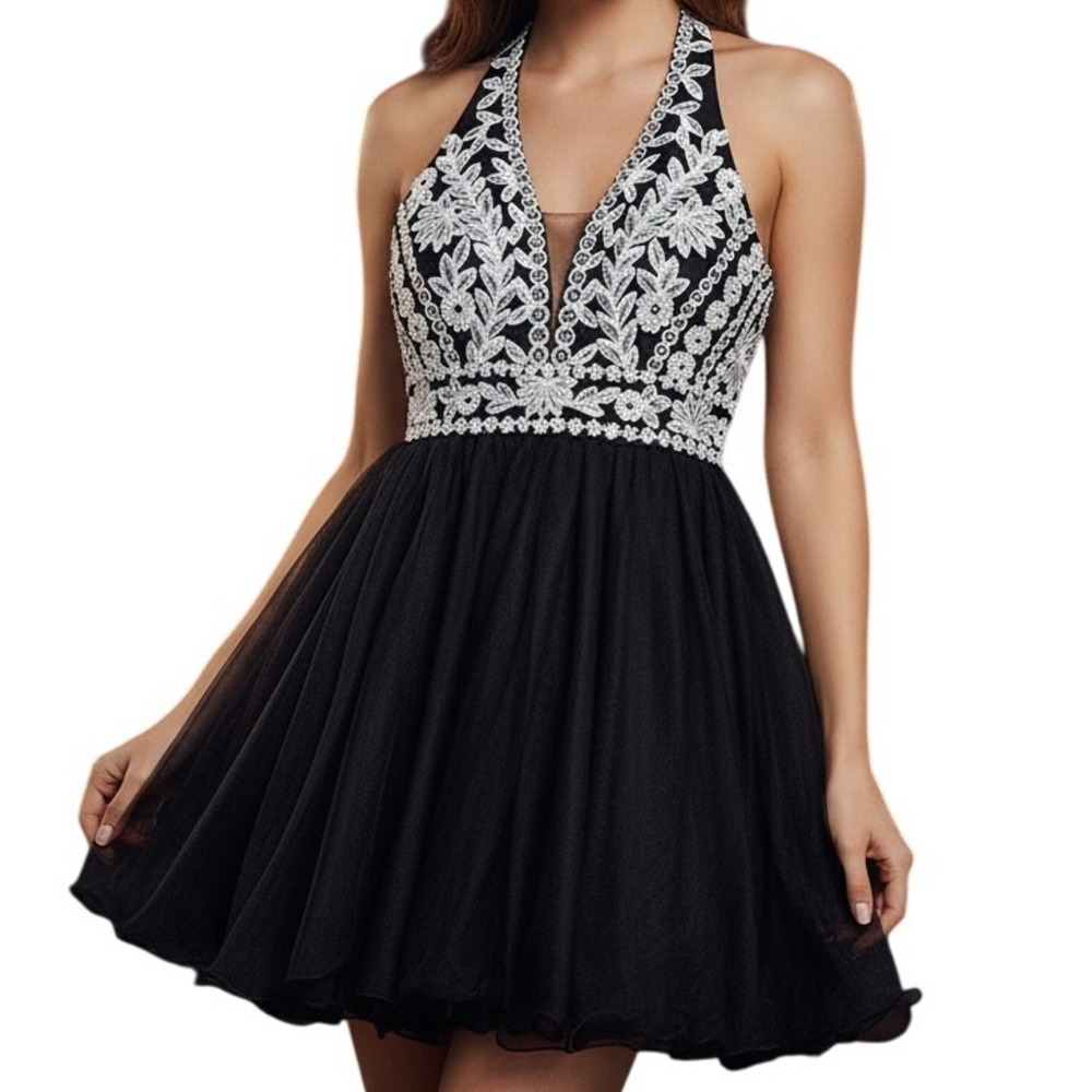 Blondie Nites Junior Party Dress Size‎ 15 Sequin Lace Black Tulle Mini Y2K 90s
